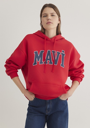  Mavi Mavi Logo Baskılı Kapüşonlu Kırmızı Sweatshirt 1600361-82054