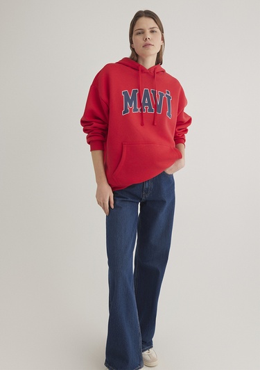  Mavi Mavi Logo Baskılı Kapüşonlu Kırmızı Sweatshirt 1600361-82054