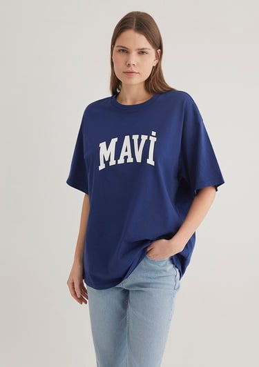  Mavi Mavi Logo Baskılı Lacivert Tişört Oversize / Geniş Kesim 1600843-70722