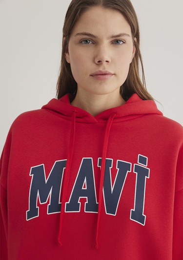  Mavi Mavi Logo Baskılı Kapüşonlu Kırmızı Sweatshirt 1600361-82054