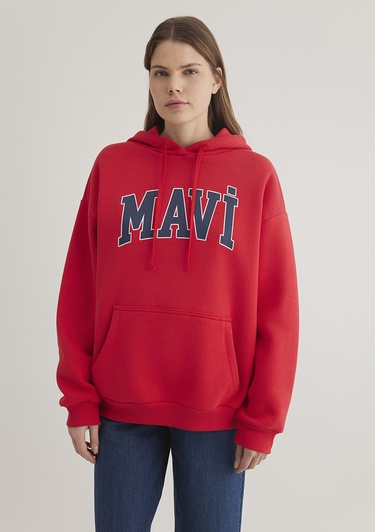  Mavi Mavi Logo Baskılı Kapüşonlu Kırmızı Sweatshirt 1600361-82054
