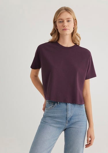  Mavi Bisiklet Yaka Mor Basic Tişört Boxy Fit 1611651-70635