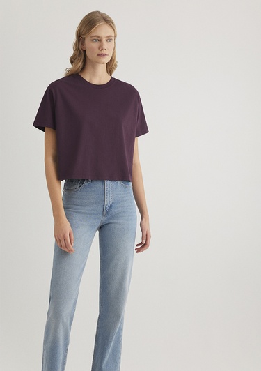  Mavi Bisiklet Yaka Mor Basic Tişört Boxy Fit 1611651-70635