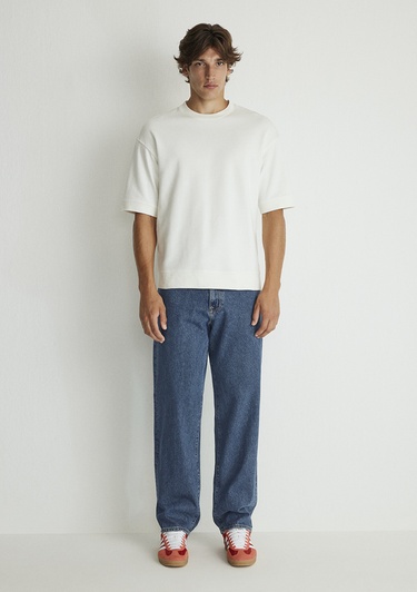  Mavi Bisiklet Yaka Beyaz Tişört Loose Fit / Bol Rahat Kesim 0611614-70057