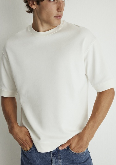  Mavi Bisiklet Yaka Beyaz Tişört Loose Fit / Bol Rahat Kesim 0611614-70057