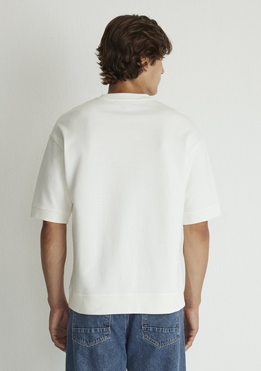  Mavi Bisiklet Yaka Beyaz Tişört Loose Fit / Bol Rahat Kesim 0611614-70057