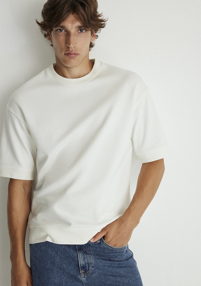  Mavi Bisiklet Yaka Beyaz Tişört Loose Fit / Bol Rahat Kesim 0611614-70057