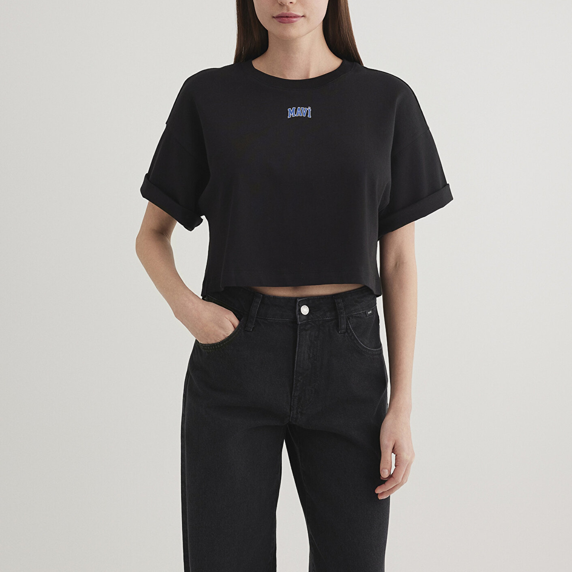 Mavi Mavi Logo Baskılı Siyah Crop Tişört Crop / Kısa Kesim 1611585-900
