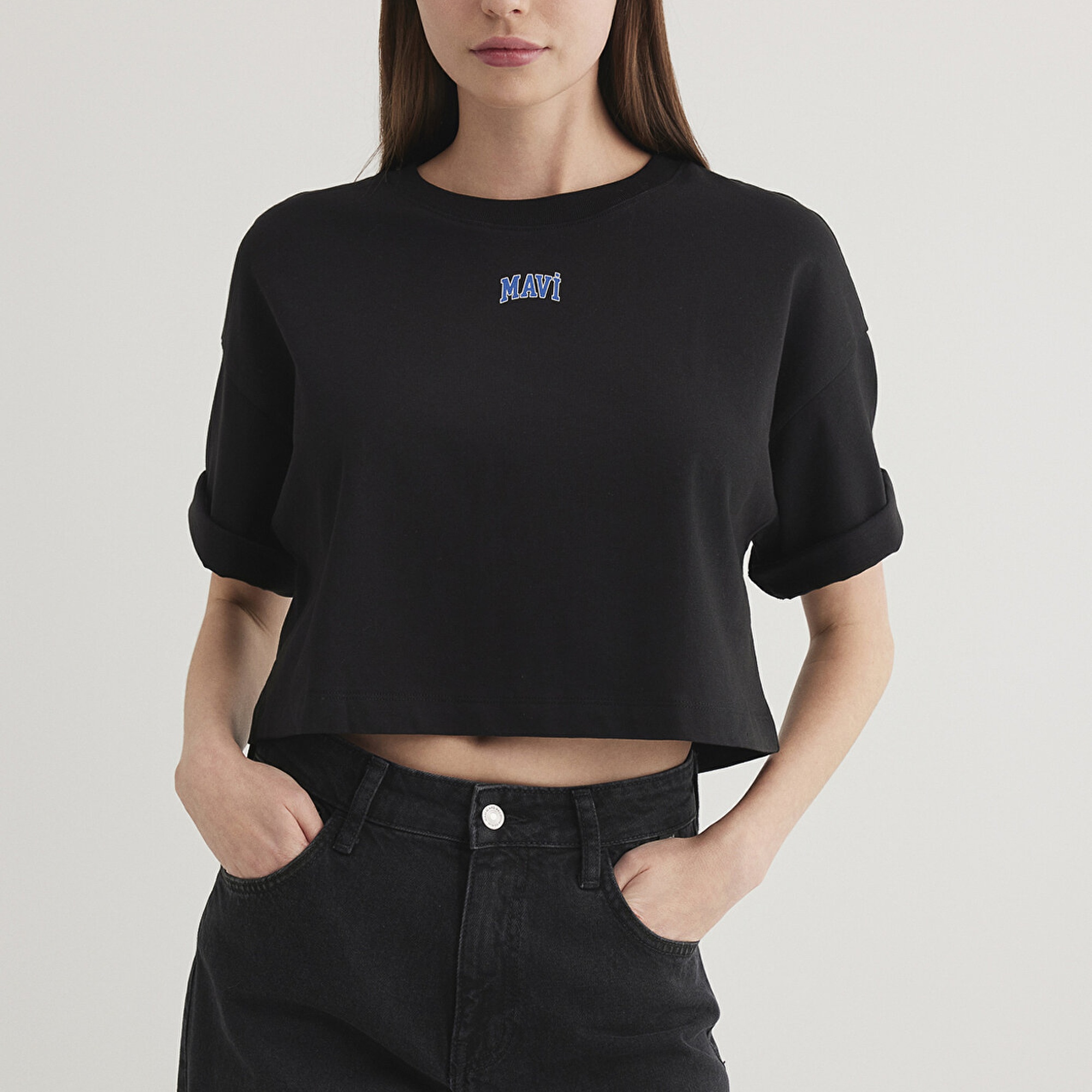 Mavi Mavi Logo Baskılı Siyah Crop Tişört Crop / Kısa Kesim 1611585-900
