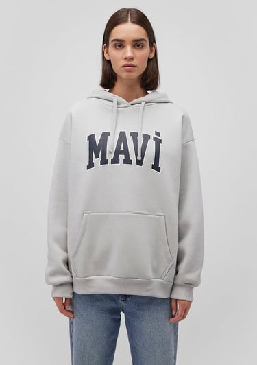  Mavi Mavi Logo Baskılı Kapüşonlu Gri Sweatshirt 1600361-34322