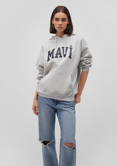  Mavi Mavi Logo Baskılı Kapüşonlu Gri Sweatshirt 1600361-34322