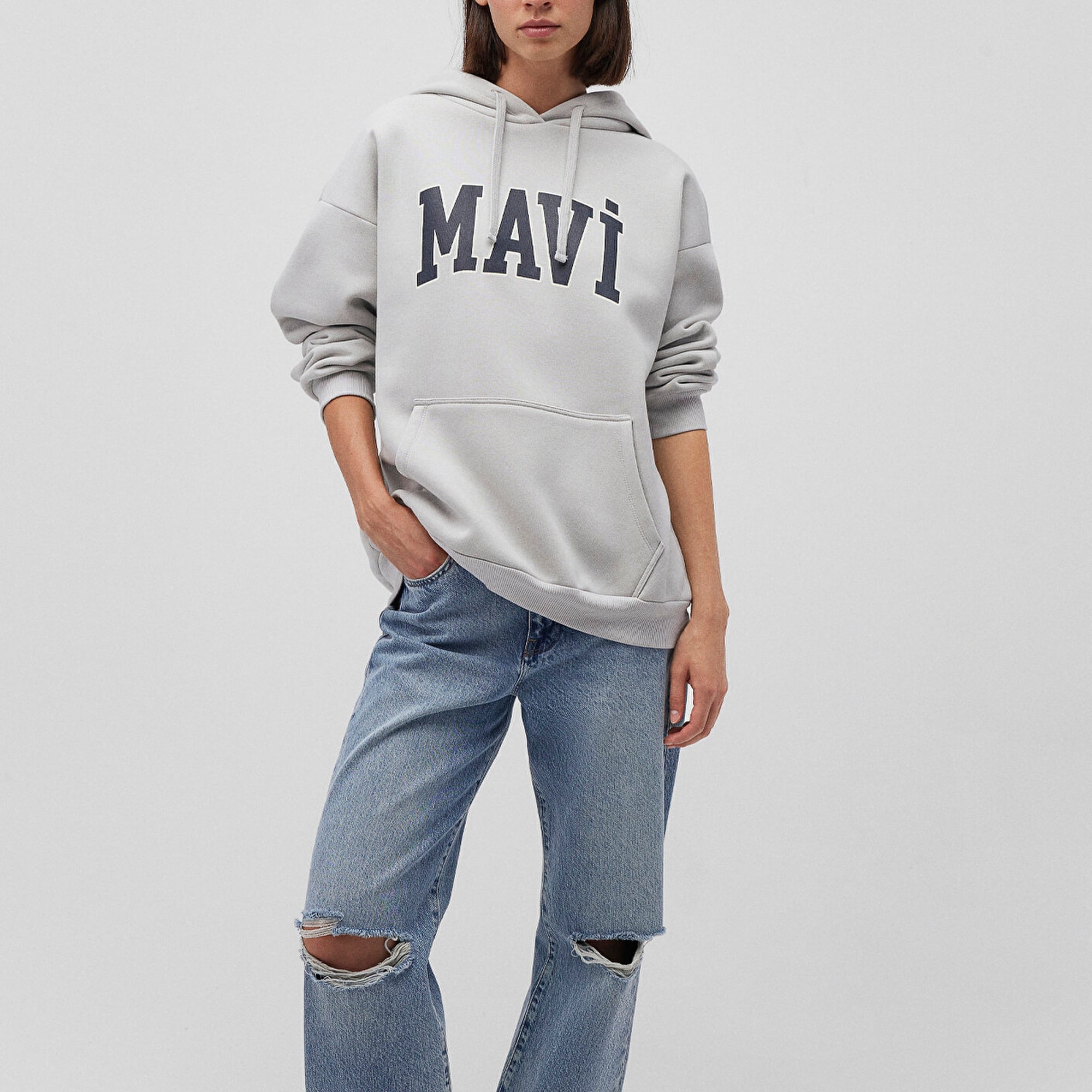 Mavi Mavi Logo Baskılı Kapüşonlu Gri Sweatshirt 1600361-34322