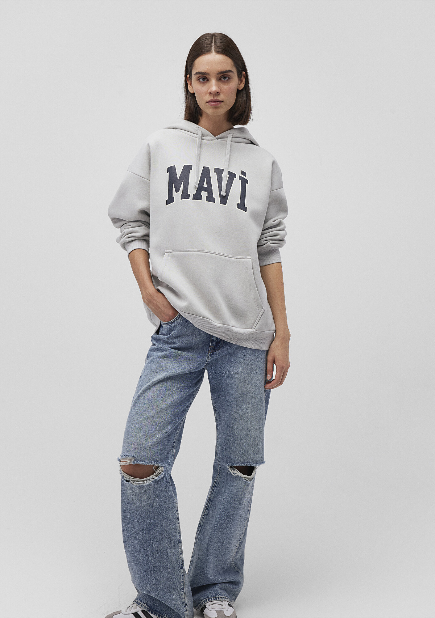  Mavi Mavi Logo Baskılı Kapüşonlu Gri Sweatshirt 1600361-34322