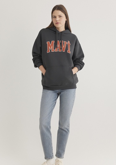  Mavi Mavi Logo Baskılı Kapüşonlu Antrasit Sweatshirt 1600361-80106