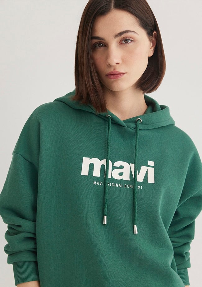  Mavi Mavi Logo Baskılı Kapüşonlu Yeşil Sweatshirt 168334-71874
