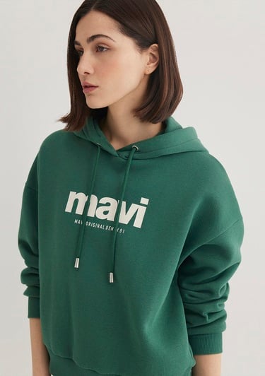  Mavi Mavi Logo Baskılı Kapüşonlu Yeşil Sweatshirt 168334-71874