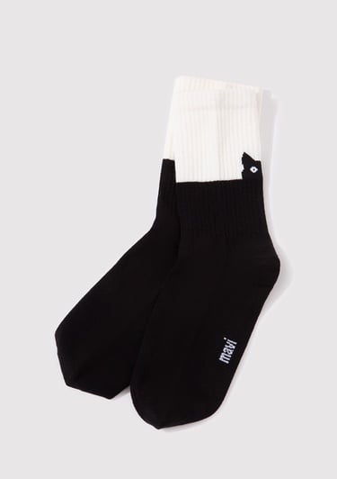  Mavi Kedi Baskılı Siyah Soket Çorap 1911913-900