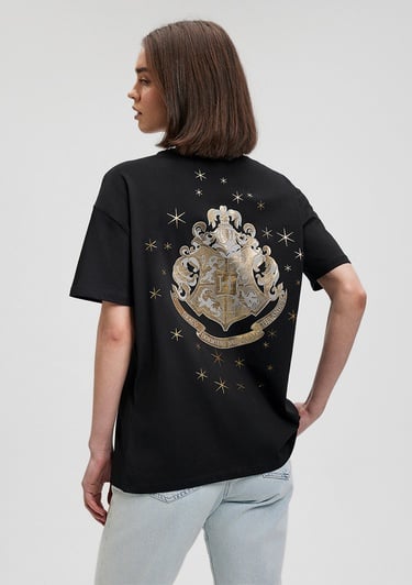  Mavi Hogwarts Baskılı Siyah Tişört Loose Fit / Bol Rahat Kesim 1612055-900