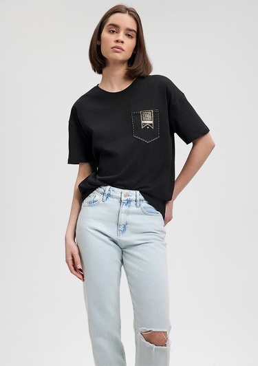  Mavi Hogwarts Baskılı Siyah Tişört Loose Fit / Bol Rahat Kesim 1612055-900