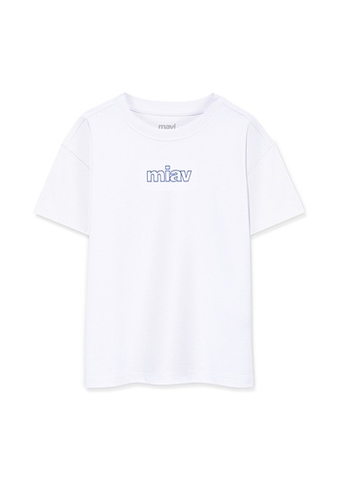  Mavi Miav Baskılı Beyaz Oversize Çocuk Tişört Loose Fit / Bol Rahat Kesim 7610158-620