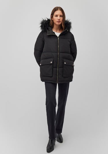  Mavi Suni Kürk Detaylı Siyah Şişme Mont 1110100-900