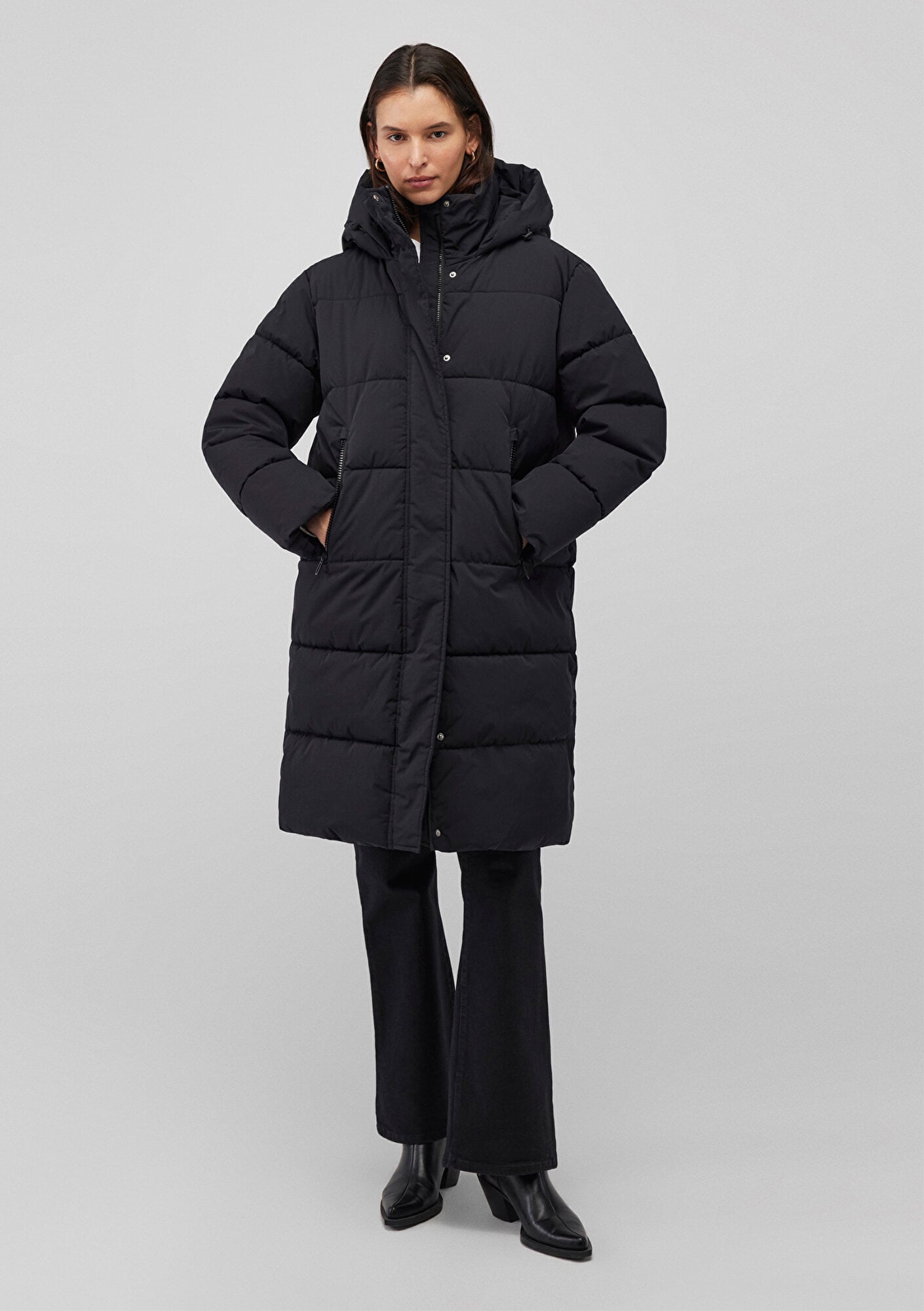  Mavi Kapüşonlu Siyah Uzun Şişme Mont 1110228-900