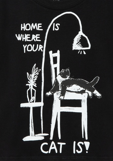  Mavi Kedi Baskılı Siyah Crop Tişört Crop / Kısa Kesim 7610184-900