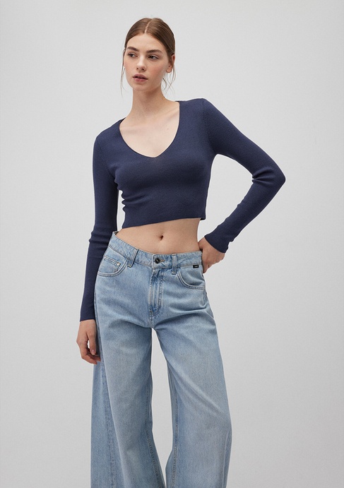  Mavi V Yaka Lacivert Kazak Crop / Kısa Kesim 1710122-70487