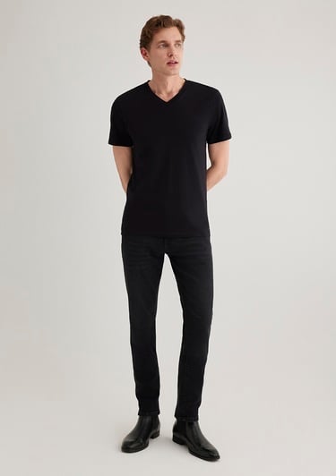  Mavi Stretch V Yaka Siyah Basic Tişört Fitted / Vücuda Oturan Kesim 061748-900