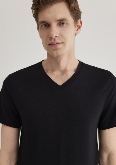  Mavi Stretch V Yaka Siyah Basic Tişört Fitted / Vücuda Oturan Kesim 061748-900