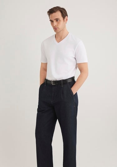  Mavi Stretch V Yaka Beyaz Basic Tişört Fitted / Vücuda Oturan Kesim 061748-620