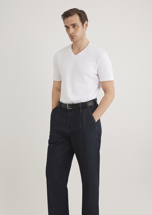  Mavi Stretch V Yaka Beyaz Basic Tişört Fitted / Vücuda Oturan Kesim 061748-620