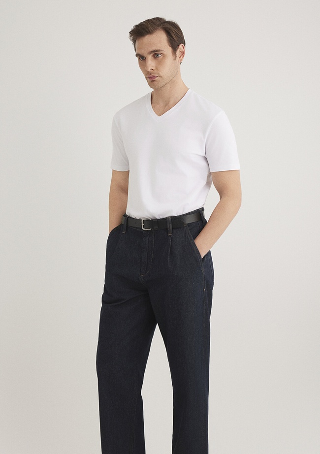  Mavi Stretch V Yaka Beyaz Basic Tişört Fitted / Vücuda Oturan Kesim 061748-620