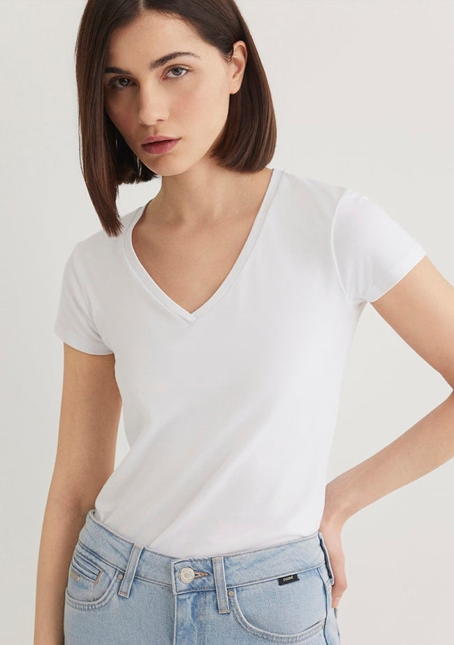  Mavi V Yaka Beyaz Basic Stretch Tişört Fitted / Vücuda Oturan Kesim 162769-620