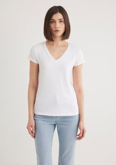  Mavi V Yaka Beyaz Basic Stretch Tişört Fitted / Vücuda Oturan Kesim 162769-620