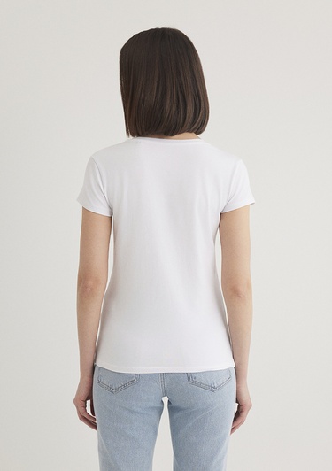  Mavi V Yaka Beyaz Basic Stretch Tişört Fitted / Vücuda Oturan Kesim 162769-620