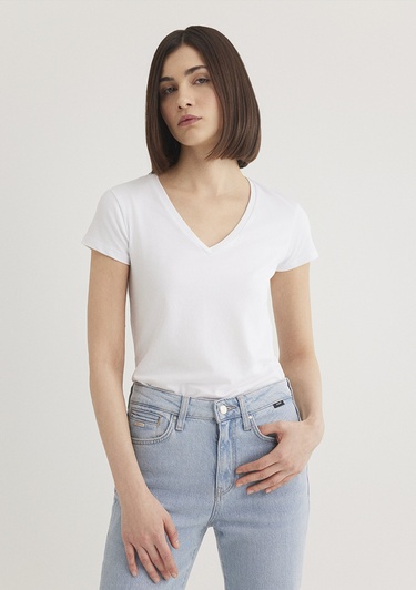  Mavi V Yaka Beyaz Basic Stretch Tişört Fitted / Vücuda Oturan Kesim 162769-620