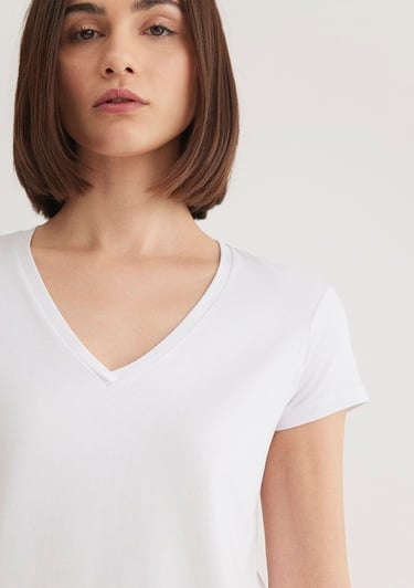  Mavi V Yaka Beyaz Basic Stretch Tişört Fitted / Vücuda Oturan Kesim 162769-620