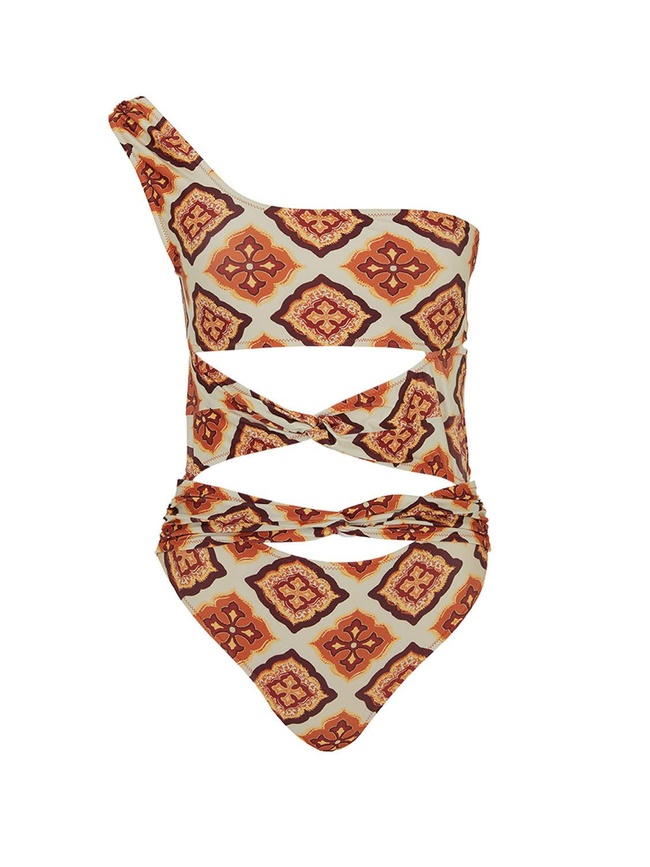  Tek Omuz Detaylı Desenli Mayo