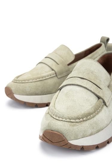  Tamer Tanca Kadın Hakiki Deri Haki Süet Loafer Ayakkabı