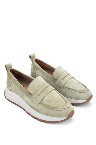  Tamer Tanca Kadın Hakiki Deri Haki Süet Loafer Ayakkabı