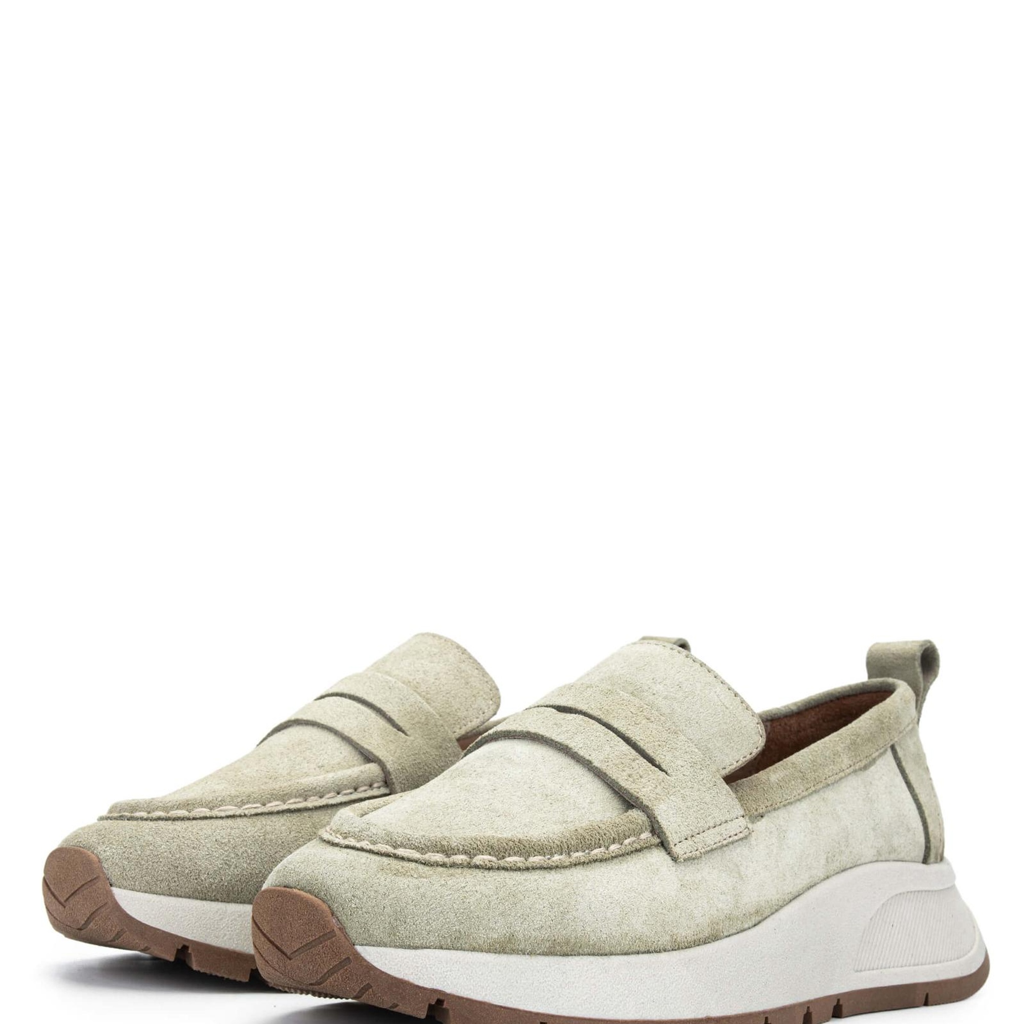 Tamer Tanca Kadın Hakiki Deri Haki Süet Loafer Ayakkabı