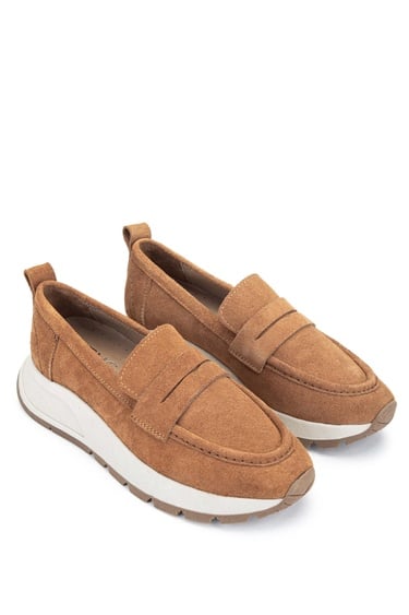  Tamer Tanca Kadın Hakiki Deri Tütün Süet Loafer Ayakkabı