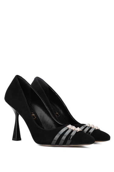  Tamer Tanca Kadın Hakiki Deri Siyah Süet Topuklu Ayakkabı