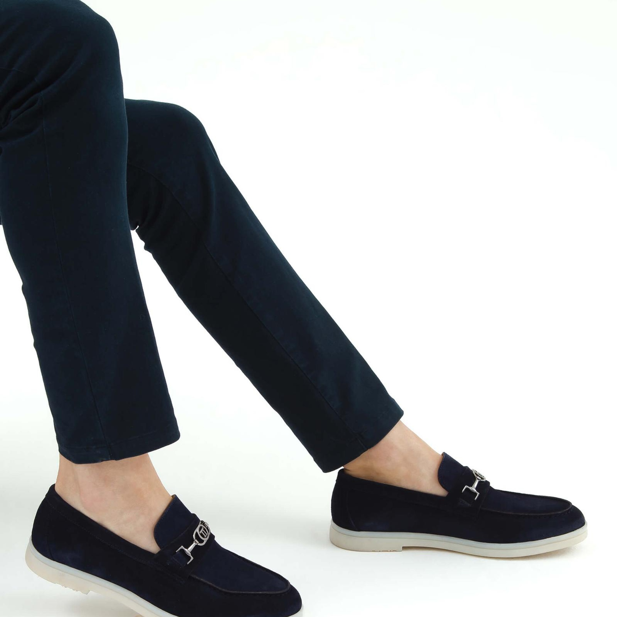 Tamer Tanca Erkek Hakiki Deri Lacivert Süet Loafer Ayakkabı