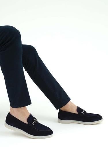  Tamer Tanca Erkek Hakiki Deri Lacivert Süet Loafer Ayakkabı