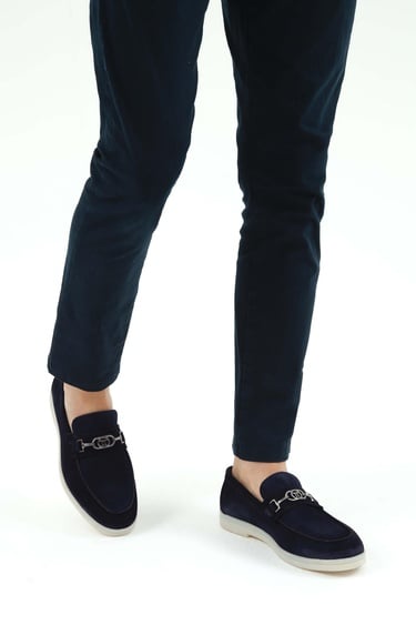  Tamer Tanca Erkek Hakiki Deri Lacivert Süet Loafer Ayakkabı