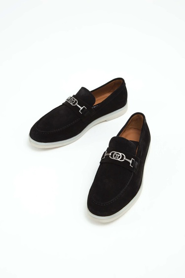  Tamer Tanca Erkek Hakiki Deri Siyah Süet Loafer Ayakkabı