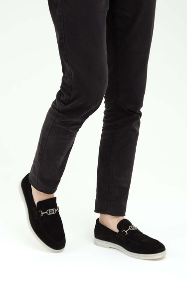  Tamer Tanca Erkek Hakiki Deri Siyah Süet Loafer Ayakkabı