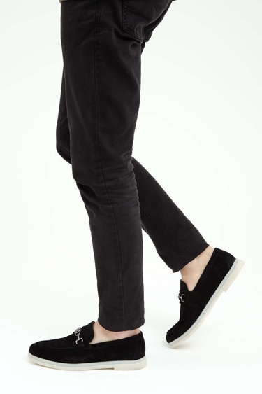  Tamer Tanca Erkek Hakiki Deri Siyah Süet Loafer Ayakkabı